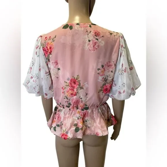 HEMANT & NANDITA Pink Puff Sleeve Peplum Blouse - Picture 6 of 6